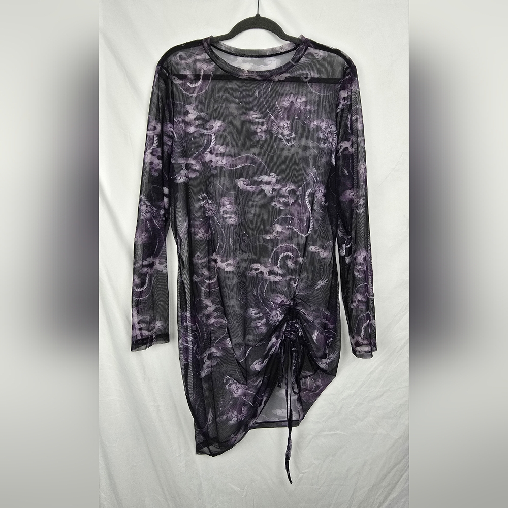 Purple and Black Dragon Mesh Cinched Grunge Whimsical Mini Dress Women's sz L